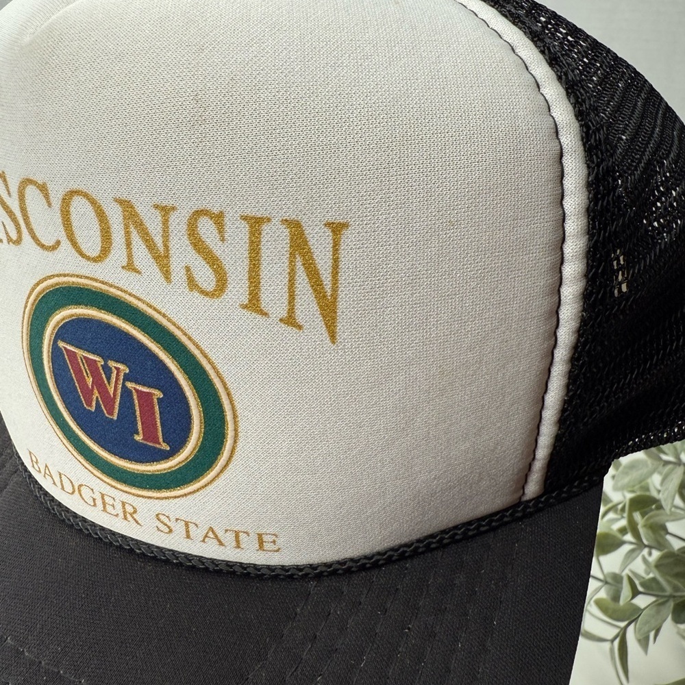 Vintage Wisconsin Badger State Foam Black & White Trucker Hat Snapback Retro WI - Picture 6 of 16